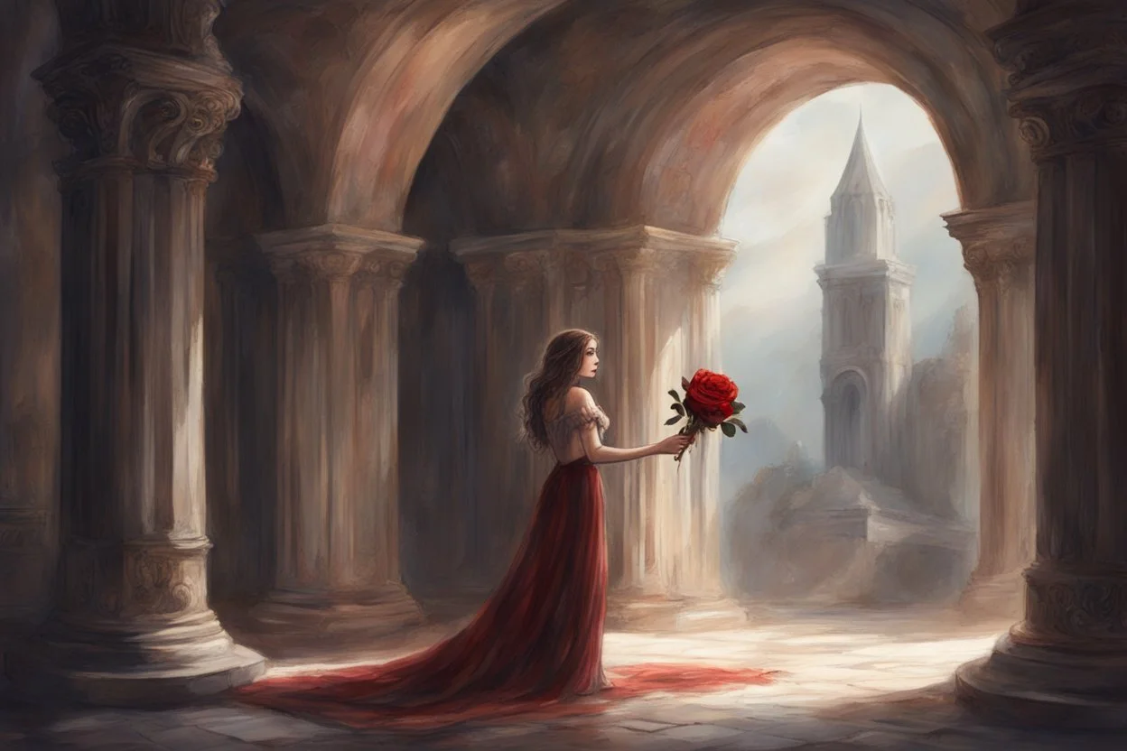 Circe was standing there, a touching creature with a red rose in her hand. The girl seemed so tiny in the huge arched doorway. Circe's eyes were sad, swollen and reddened from crying.