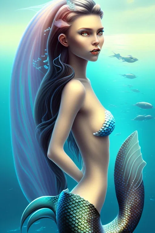 black long hair mermaid with white top on the rock in the ocean