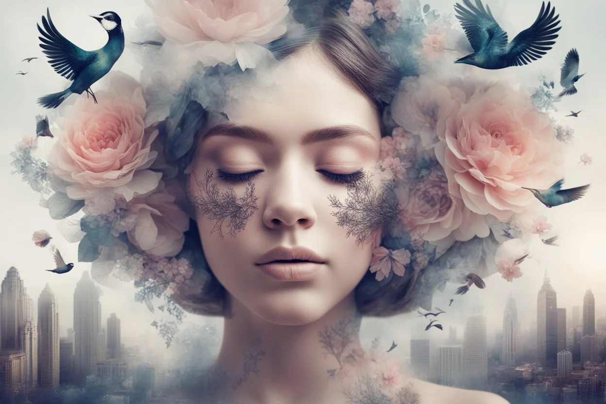 Double exposure, girl with closed eyes, large false eyelashes, Flowers, Double exposure, intricate details, city, birds