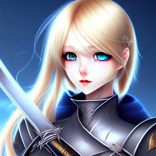 blond anime girl with dark blue eyes holding sword