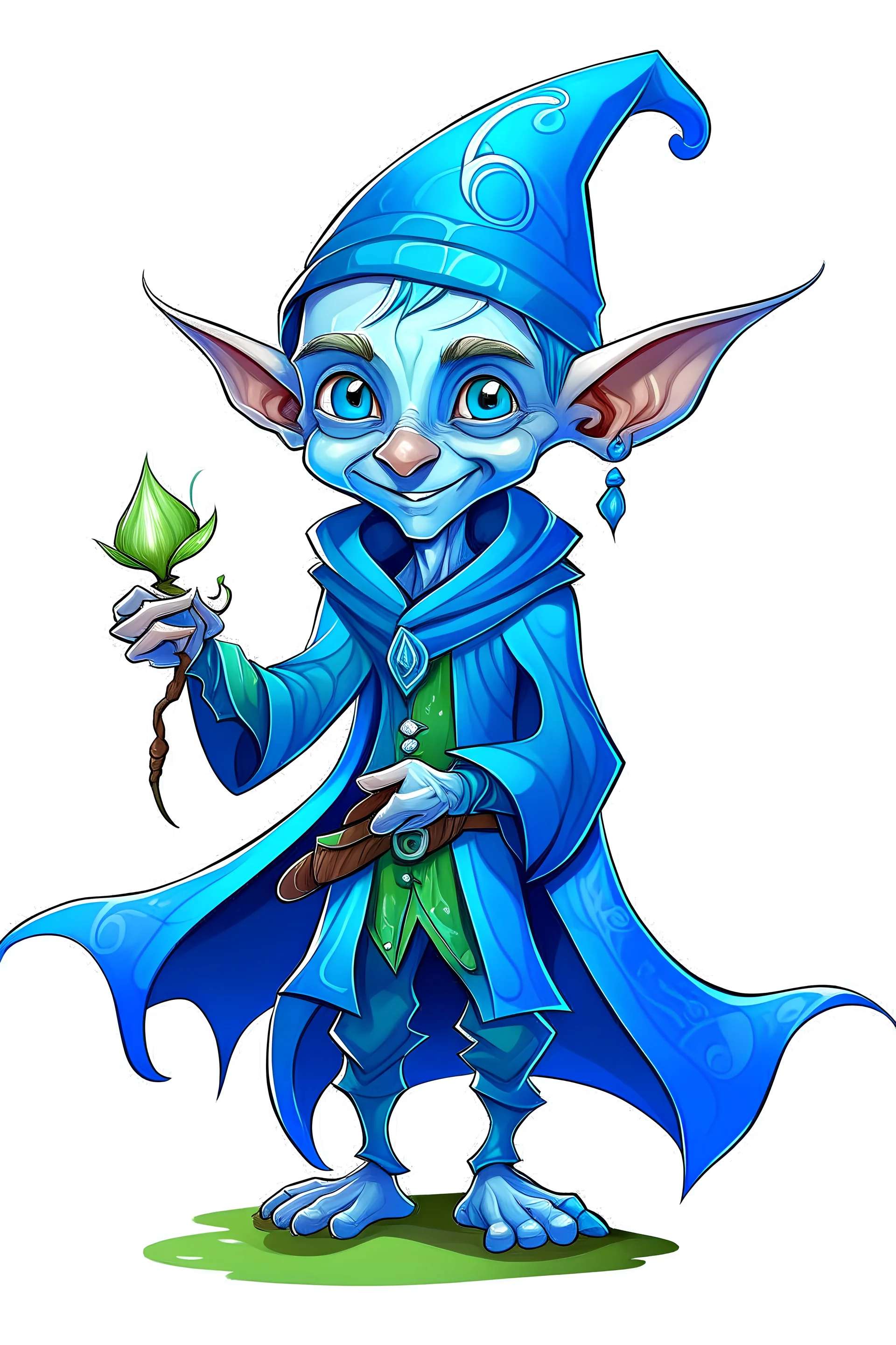 Blue clothes elf with magical powers friendly