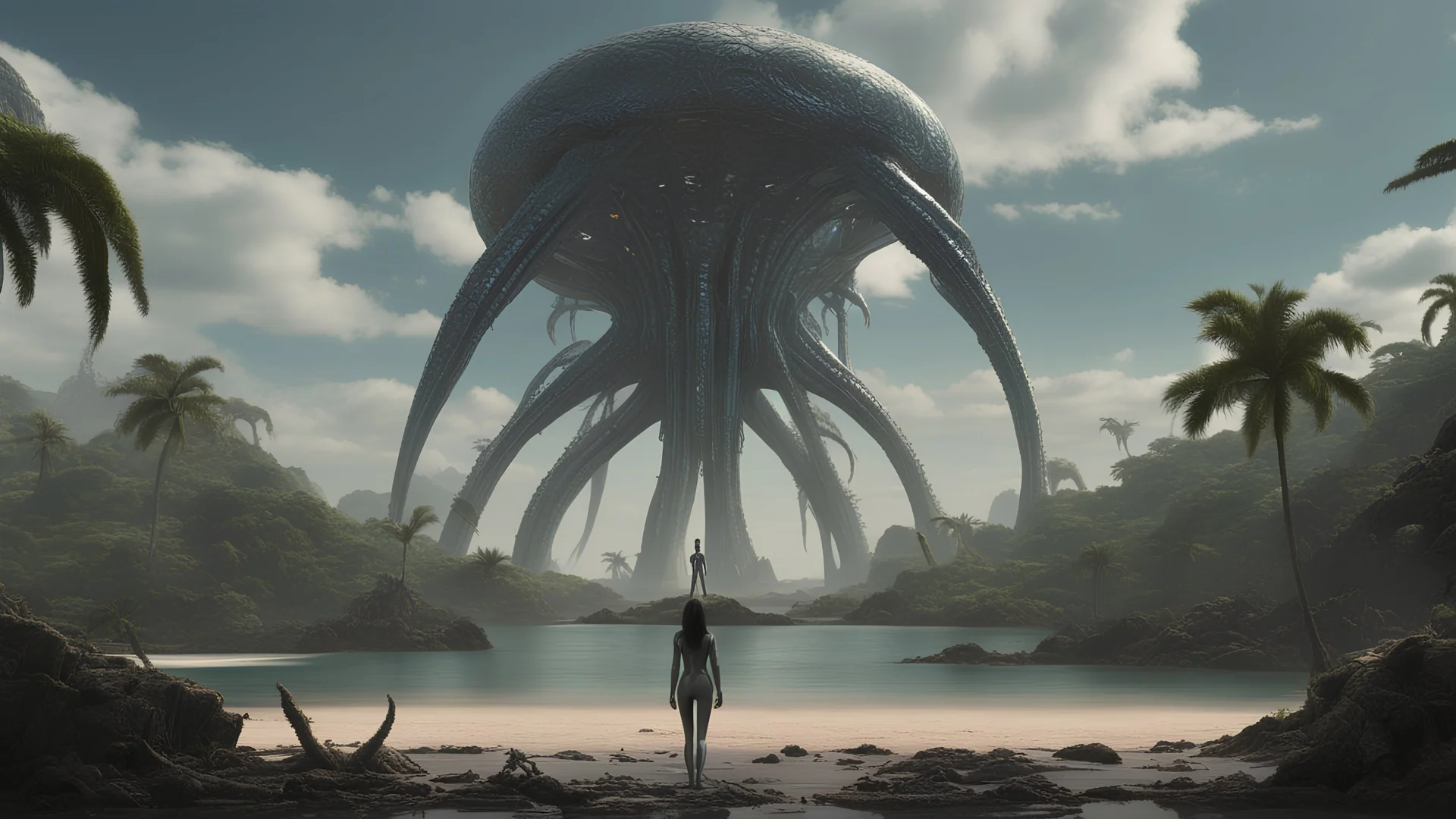 Wide-angle shot of a woman, standing on the right side on an alien beach, with dark hair in a silver robotic catsuit, many floating aliens with long tentacles, alien jungle trees in the distance detailed matte painting, deep colour