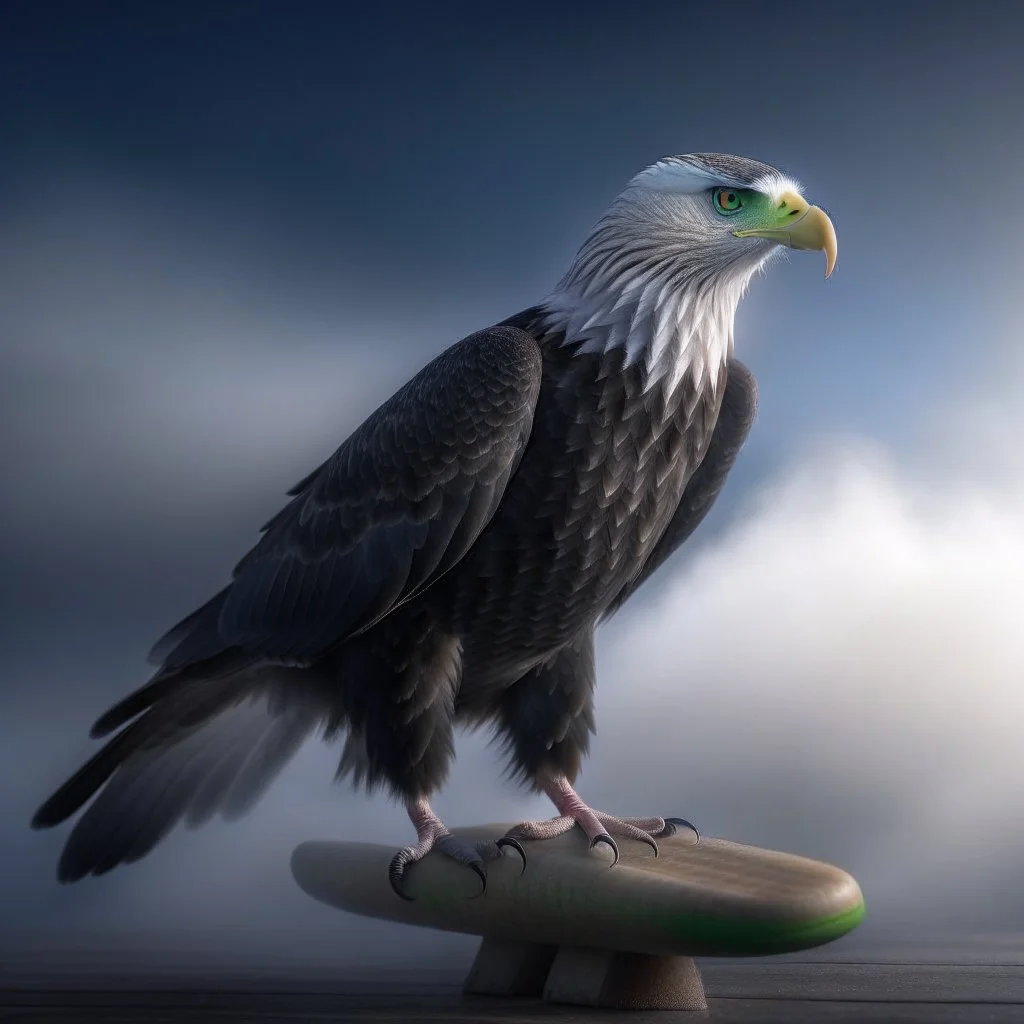 bald eagle on surfing board photo shoot, 8k, down-light, soft light, depth of field, photo realism, trending on art station, high detail, smoke and fog