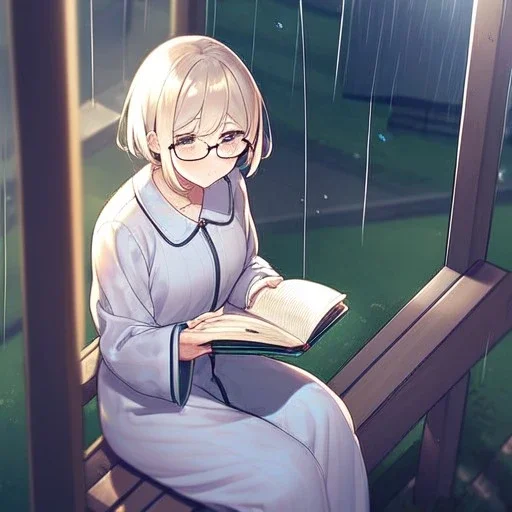 anime girl sitting on a porch swing of an old house, journaling, wearing pajamas, writing in a book, shes watching it rain, more detail on hands and her face,shes deep in her thoughts, wearing glasses, rain drops, she has a pencil and is writning in thbe book