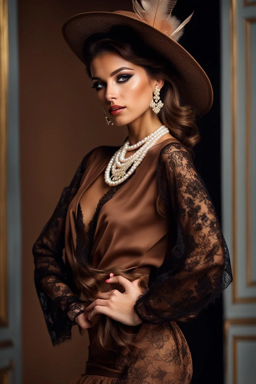 full body beautiful girl, elegant brown lace clothes of the 80s, luxury style, small elegant hat with feather, hair of the 80s, pearl necklace, earrings masterful, beautiful face