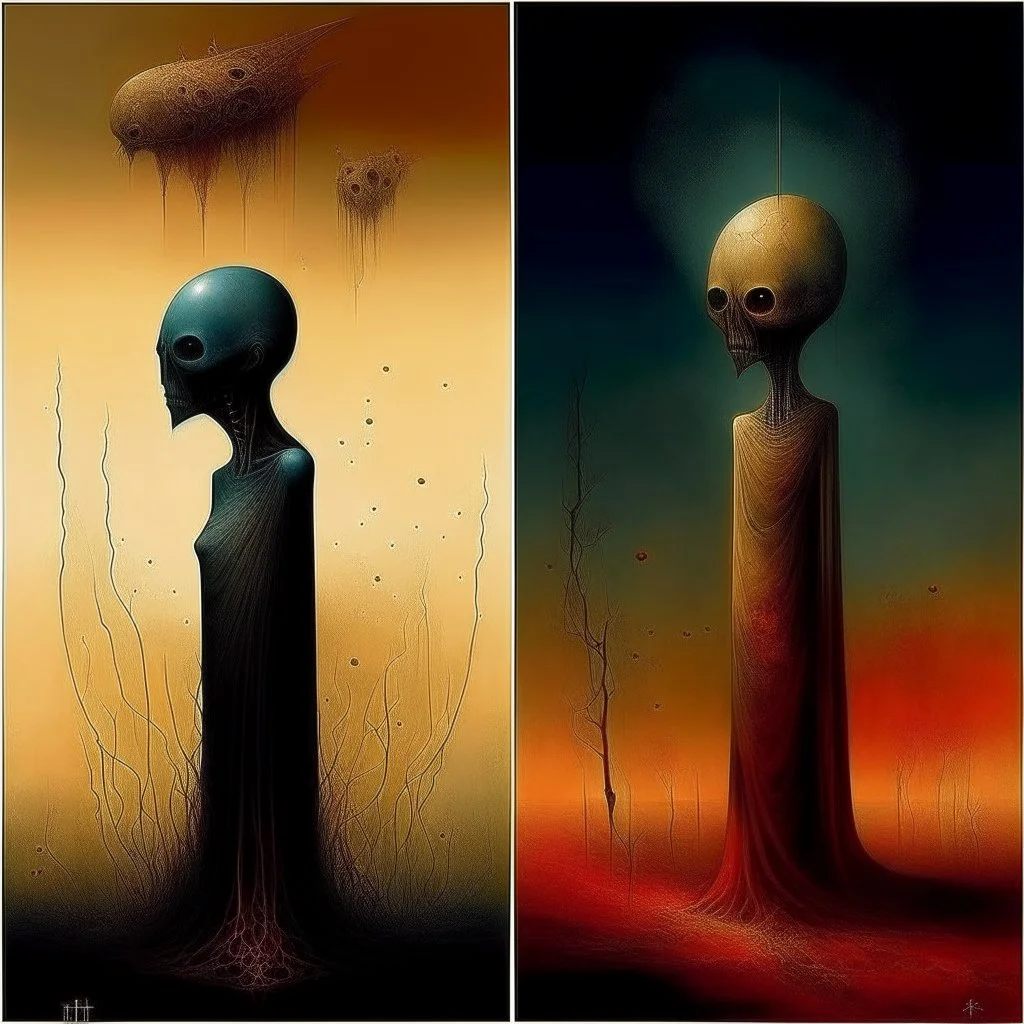 Style by Gabriel Pacheco and VS Gaitonde and Zdzislaw Beksinski and Vladimir Kush, sinister abstract surreal art, a metaphorical representation of the ephemeral parasites confusing death rivalries, gestalt lunatic grass shine, warm colors, surreal masterpiece, dynamic diagonal layout composition, juxtaposition of the uncanny and the banal, sharp focus, never-before-seen composition