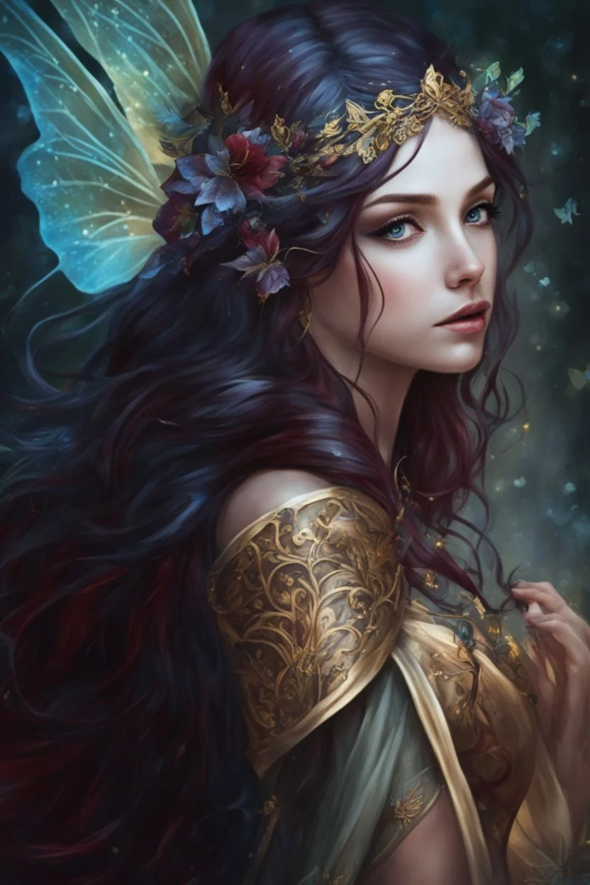 Burgundy hair, dark hair,dark red , rapunzel hair,very long hair,dark fairy princess,elven crown,night,dragonflies,beautiful,ong ashes,golden armor ,sparkle,night blooming,ivy,dark green,lilly of valley,golden elven crown