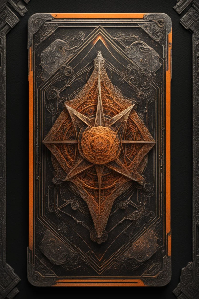 sacred geometry framed playing card, black and orange hellraiser star conquistador with shadows boss card in the style of Giger and fallout 4 ,,bokeh like f/0.8, tilt-shift lens 8k, high detail, smooth render, down-light, unreal engine