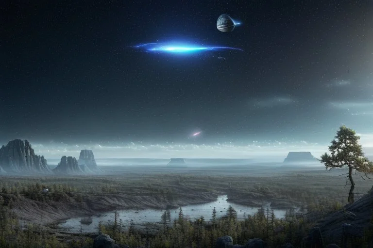 Epic space landscape with meteors in the horizon, trees, distant spaceships, and rocks foreground, 4k