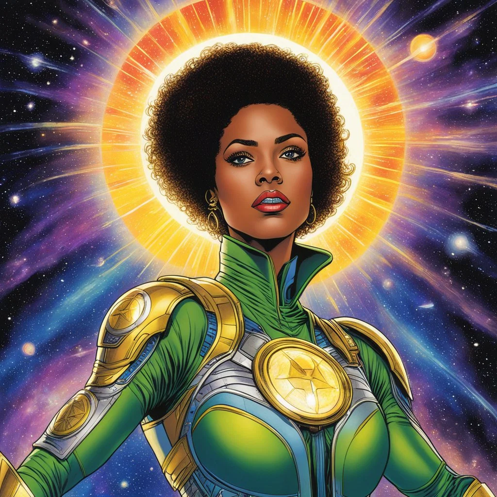 [art by George Perez] Captain Aurora Mitchell turned to her team, a glint of determination shining in her eyes. The vibrant colors of the alien world danced around them, mirroring the electric energy coursing through their veins. As her words hung in the air, her voice carried a subtle mix of awe and conviction. "It's space, that's why we're here," Captain Mitchell declared, her voice laced with a sense of cosmic wonder. In that moment, the team felt a surge of purpose,