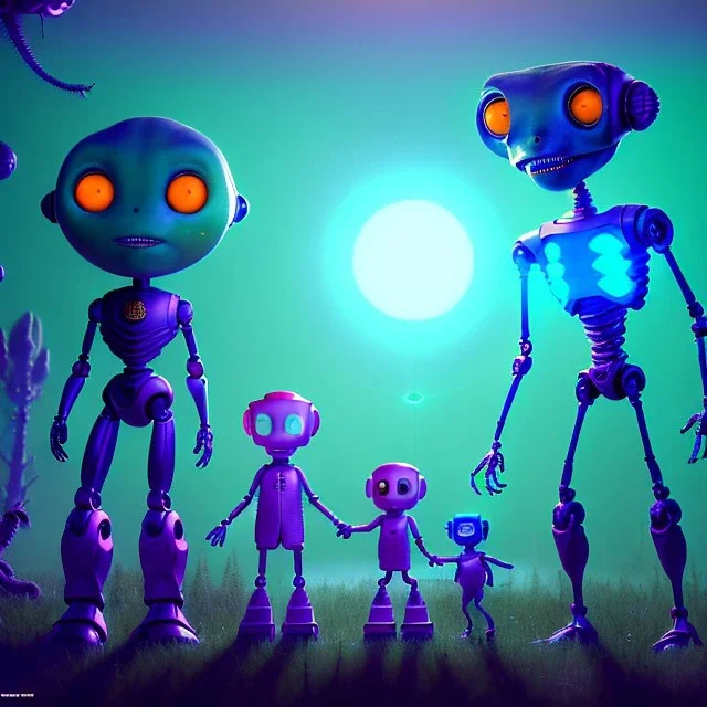 Ultra Realistic family portrait, father, mother, daughter, alien pet, assistant robot, room home, retro futuristic scene, wes Anderson style. smile, happy, gradient color fog. highly detailed, concept art, unreal engine 5, ray tracing, RTX, lumen lighting, ultra detail, volumetric lighting, 3d, finely drawn, high definition, high resolution.