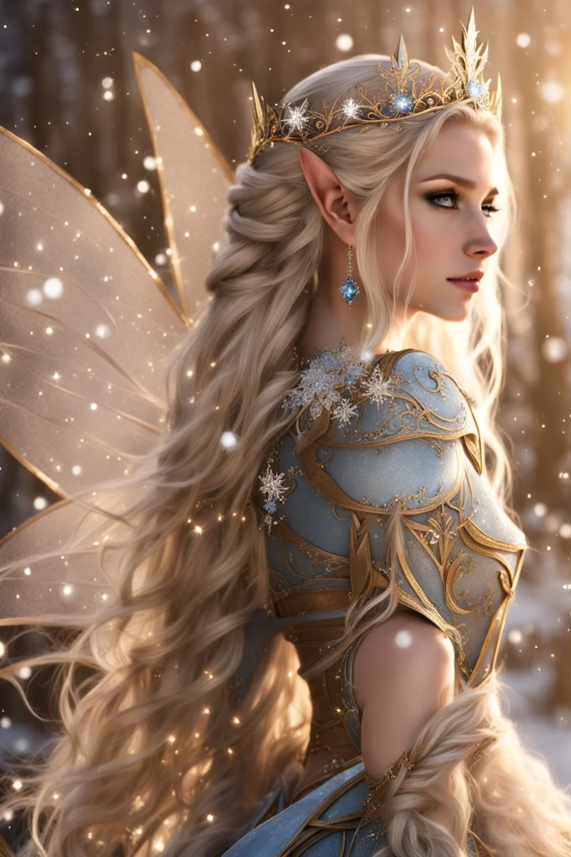 Elven princess,elven crown,long white blonde golden hair,rapunzel hair,ice flowers,beautiful,light blue,dark blue,golden armor,sparkle,glitter,ice flowers,snow,elven ears,dark fairy princess