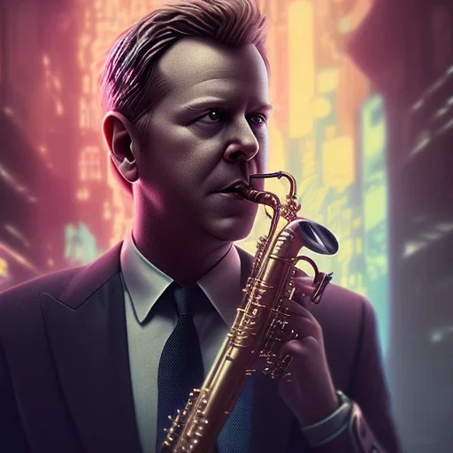 man playing saxophone, blade runner, kiefer sutherland, sebastian vettel, danny mcbride, low key lighting, volumetric light, digital art, highly detailed, fine detail, intricate, ornate, complex, octane render, unreal engine, photorealistic