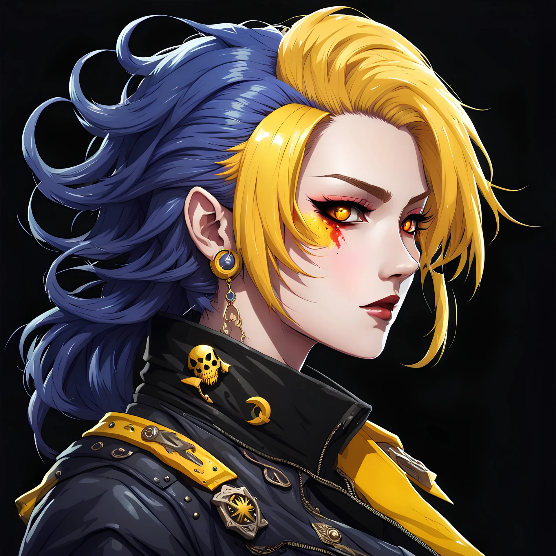 profile picture,side face,2dcg,anime art style,indigo and yellow color,wave hair ghoul biker lady,pure black color background,gore,violence,Decapitation,dismemberment,disturbing,Monster,guts,morbid,mutilation,sacrifice,butchery,meathooks,no hands,do not draw hands