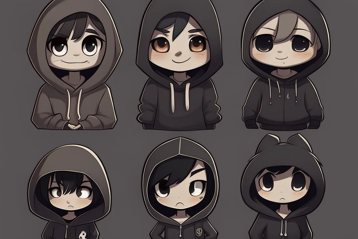 6 very simple and cute dark cartoon characters that I could draw with hoodies