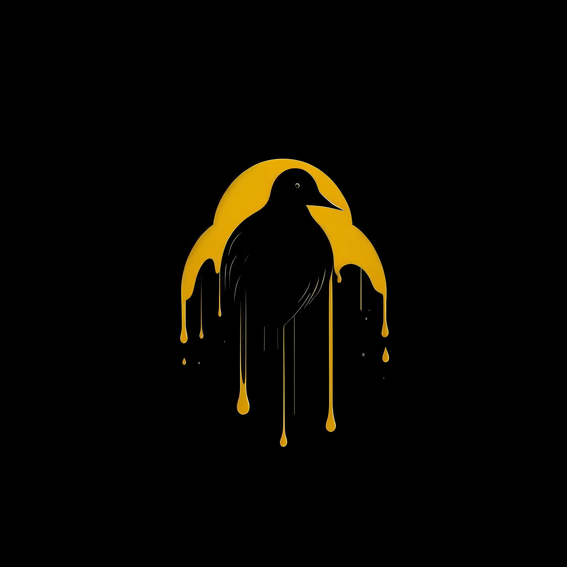 very minimalistic logo of an uoside down yellow bird, dripping blood over black background