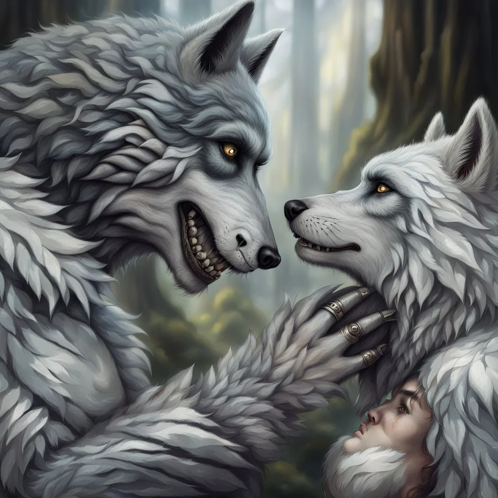 the anthropomorphic gray hairy body wolfman name Teo, holds between his paws the anthropomorphic pale hairy body wolfwoman's face , they look at each other lovingly, blur background, high detalied, realistic, sci-fi and fantasy mood