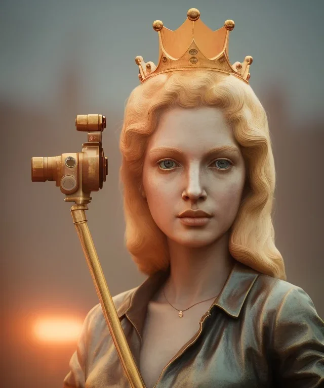 Statue of Queen of photography. Cute blonde woman. Photographer in golden crown. Standing on the street. Big camera in her hand. hyperdetailed, photorealistic, trending on artstation, greg rutkowski, beksinski, kodachrome