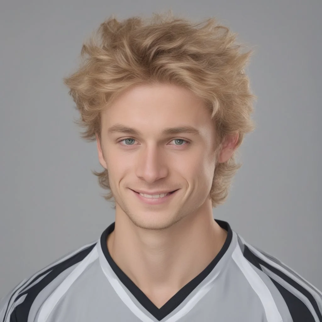 85mm DSLR color photography of a very detailed headshot fitting all of head and hair in frame. 22-year-old Germen soccer player, with blonde hair color and no facial hair and with a small smile, grey background