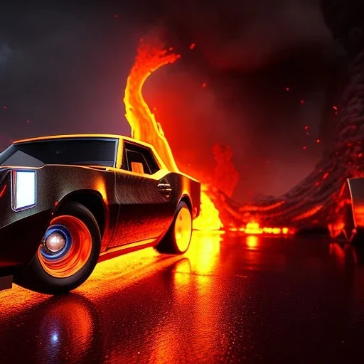 volumetric sweeping view of detailed phong shaded rendering of a car made of only molten lava, headlights, bumpers, whole car is lava