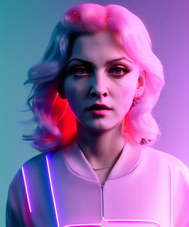 Artist, young madonna, android woman, glow iris, sweet, blonde, white skin, long eyeliner, purpurin pink cheeks, glossy lips, color leds lights, cables, short hair, circuits, cyberpunk, latex coat, cyber punk, neon, portrait, studio photo, unreal engine 5, soft color, 16 bit, god lights, ray tracing, RTX, lumen lighting, ultra deatail, volumetric lighting, 3d, finely drawn, hd.