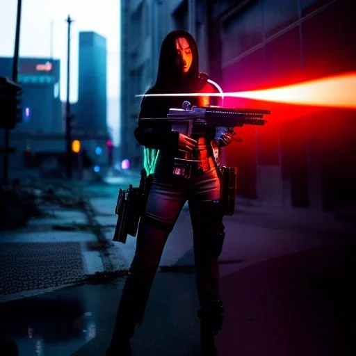 fullbody portrait,beautiful female Cyborg, Holding a Gun aiming at viewer, intense stare, sad eyes, post-apocalyptic in a cyberpunk city, realistic, intriacte detail, sci-fi fantasy style, volumetric lighting, particles, highly detailed ,cinamatic , deep colours,8k, by Caravaggio