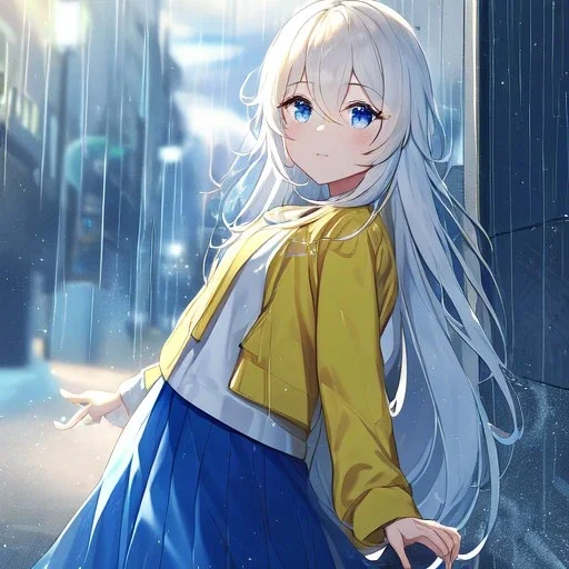 Clear focus, High resolution, Rough line, white long fluffy hair, hair between eyes, blue eyes, wearing a yellow jacket, wearing a white shirt, wearing a blue skirt with a white line near the bottom, wearing black long socks and brown shoes, raining