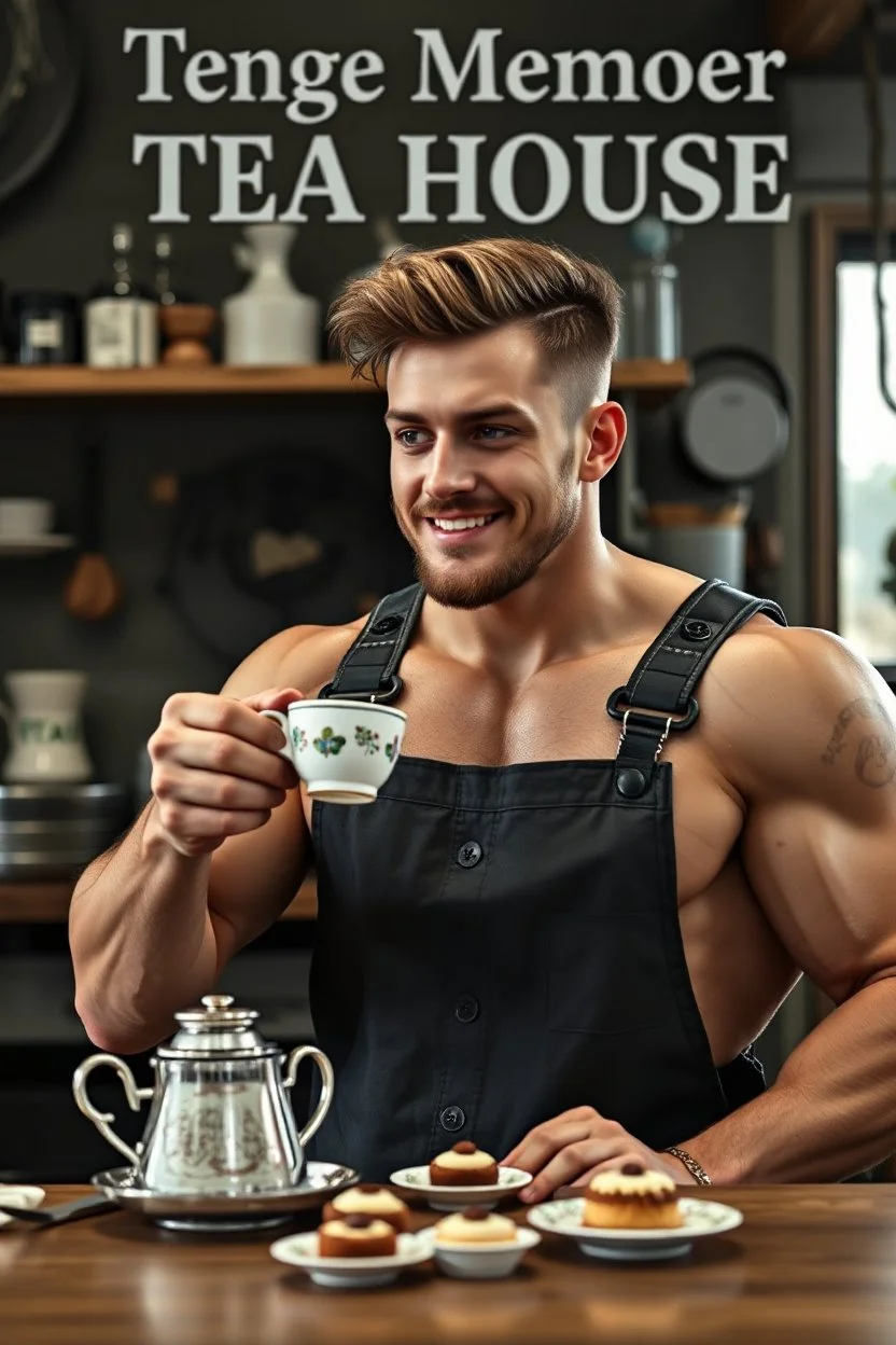 a young mechanic man with huge muscles and his top off enjoying high tea by himshelf with little cakes, with large title( Large flange member TEA HOUSE)