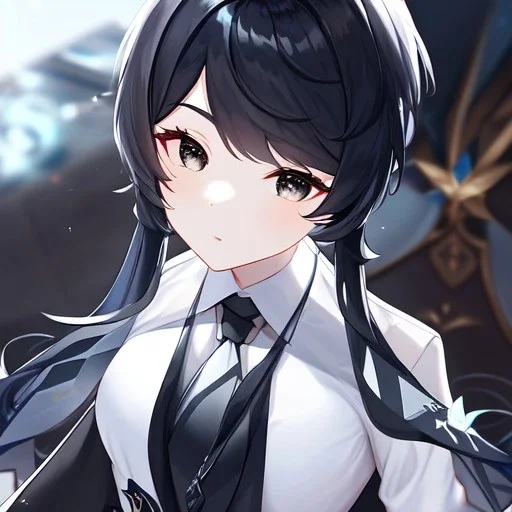 Clear focus, High resolution, short black hair, black eyes, wearing a black jacket and a white shirt, wearing a black skirt, 1girl, Genshin impact, long locks, long eyelashes, black tie