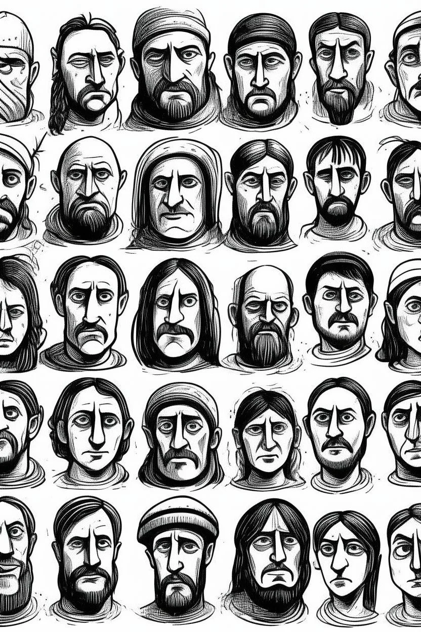 diferent medieval faces of diferent medieval people with diferent expressions, some dramatic, somo happy. the style is minimal black and white stamp. in the sheet there are more than 5. very diverse court memebers and everyday people. man, woman, kids. white background