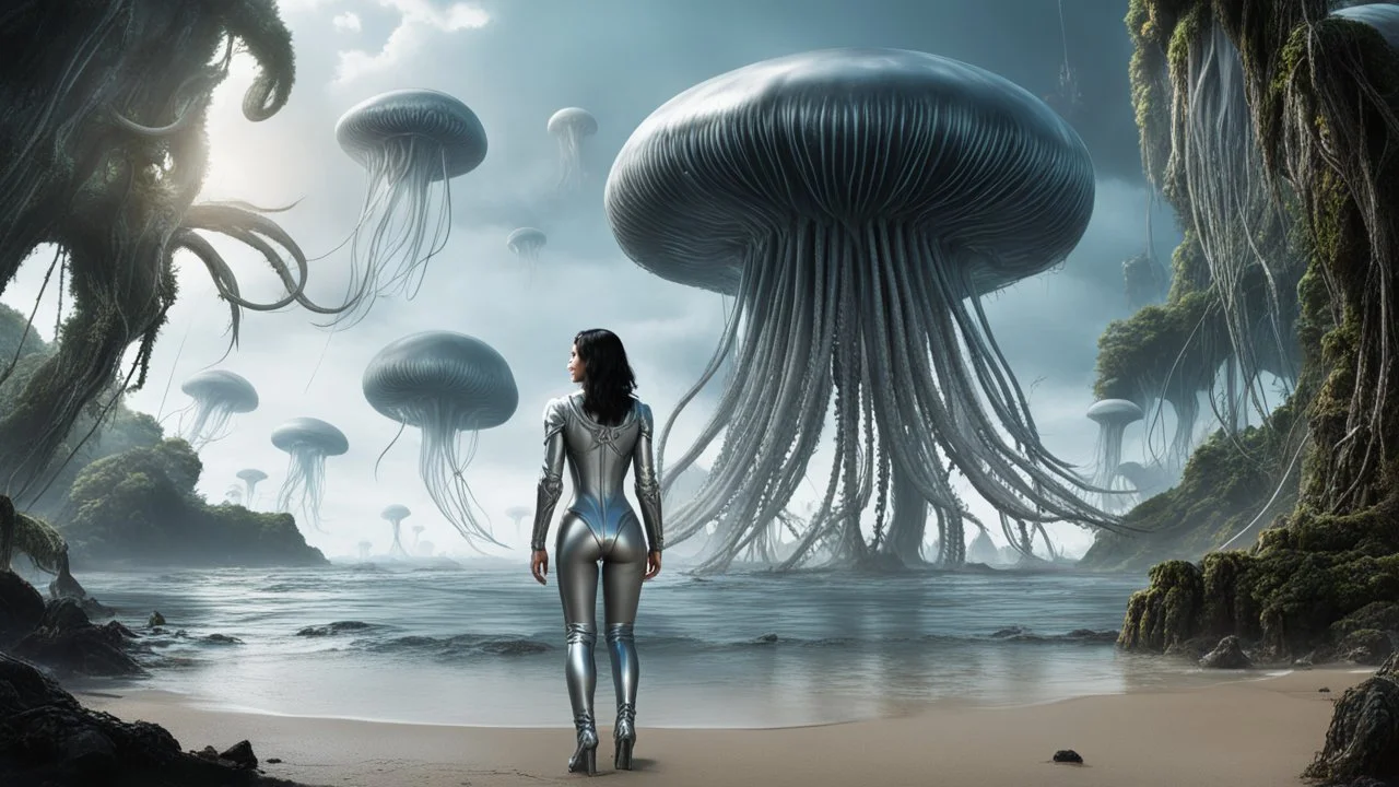 Detailed matte painting of a wide-angle shot of a woman, standing on the right side of an alien beach, with dark hair in a silver robotic catsuit, many large floating jellyfish with octopus tentacles, alien jungle trees in the distance