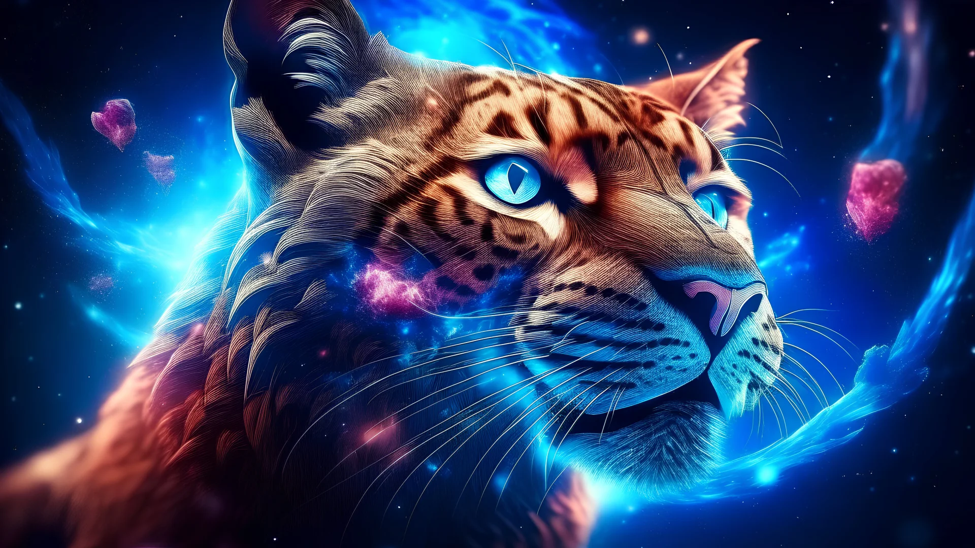 Magical puma in space. nebula , Flying Petals, Sparks, Lightning,, Portrait Photography, Fantasy Background, Intricate Patterns, Ultra Detailed, Luminous, Radiance, Ultra Realism, Complex Details, Intricate Details, 16k, HDR, High Quality, Trending On Artstation, Sharp Focus, Studio Photo, Intricate Details, Highly Detailed, hearts. colorful