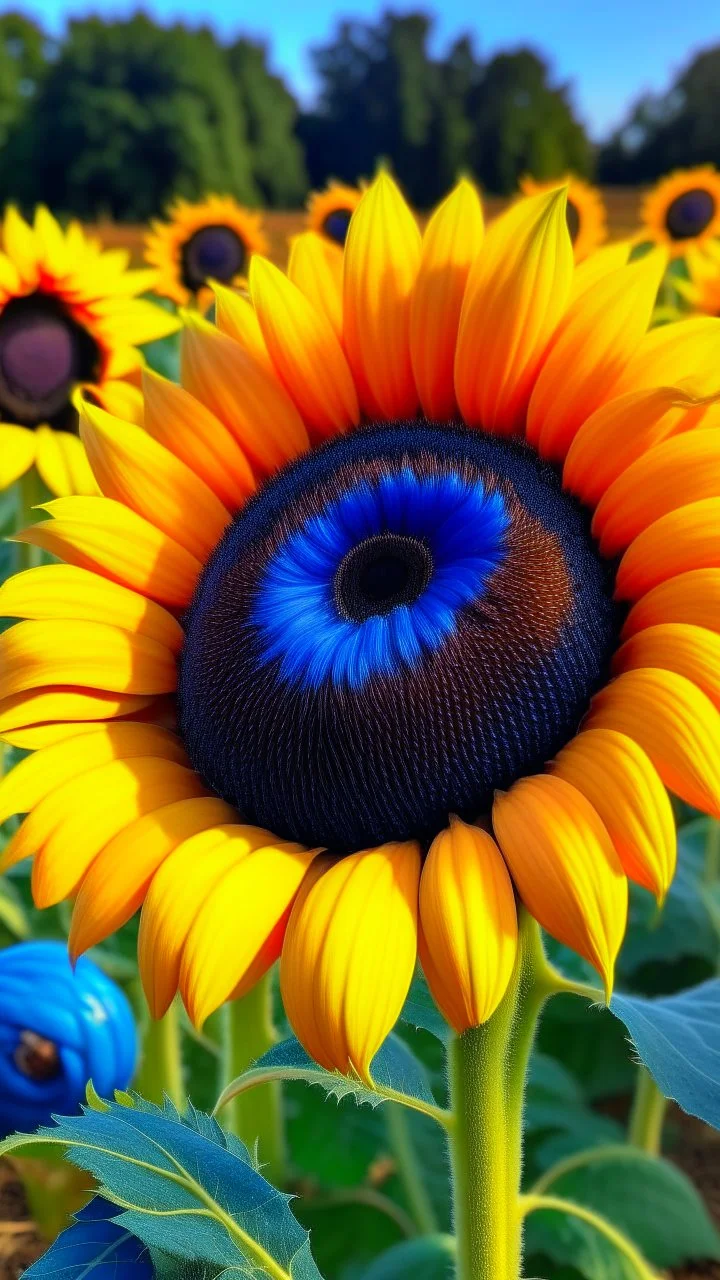 Sunflower with dark blue seeds colour and tanks around it