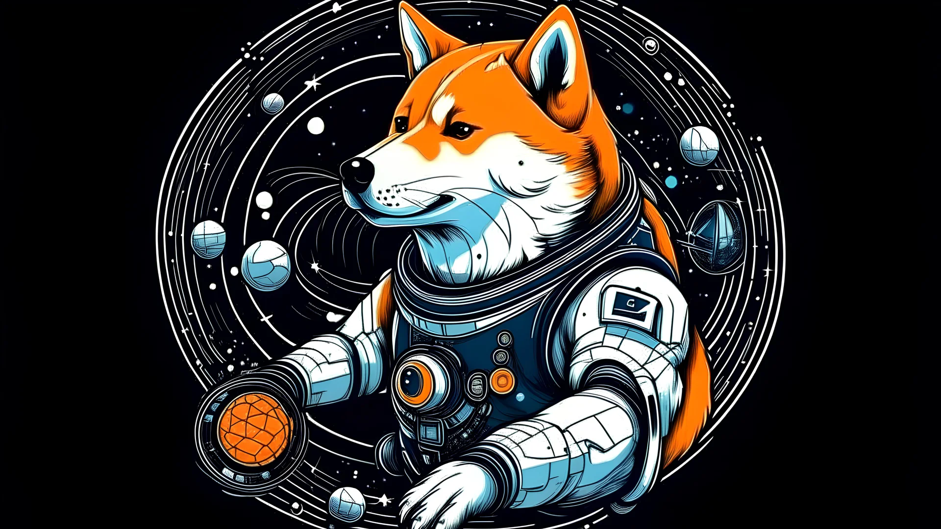 draw a Shiba inu dog with cybernetic modifications in a spacesuit as it flies through space with the logos of the biggest cryptocurrencies instead of planets
