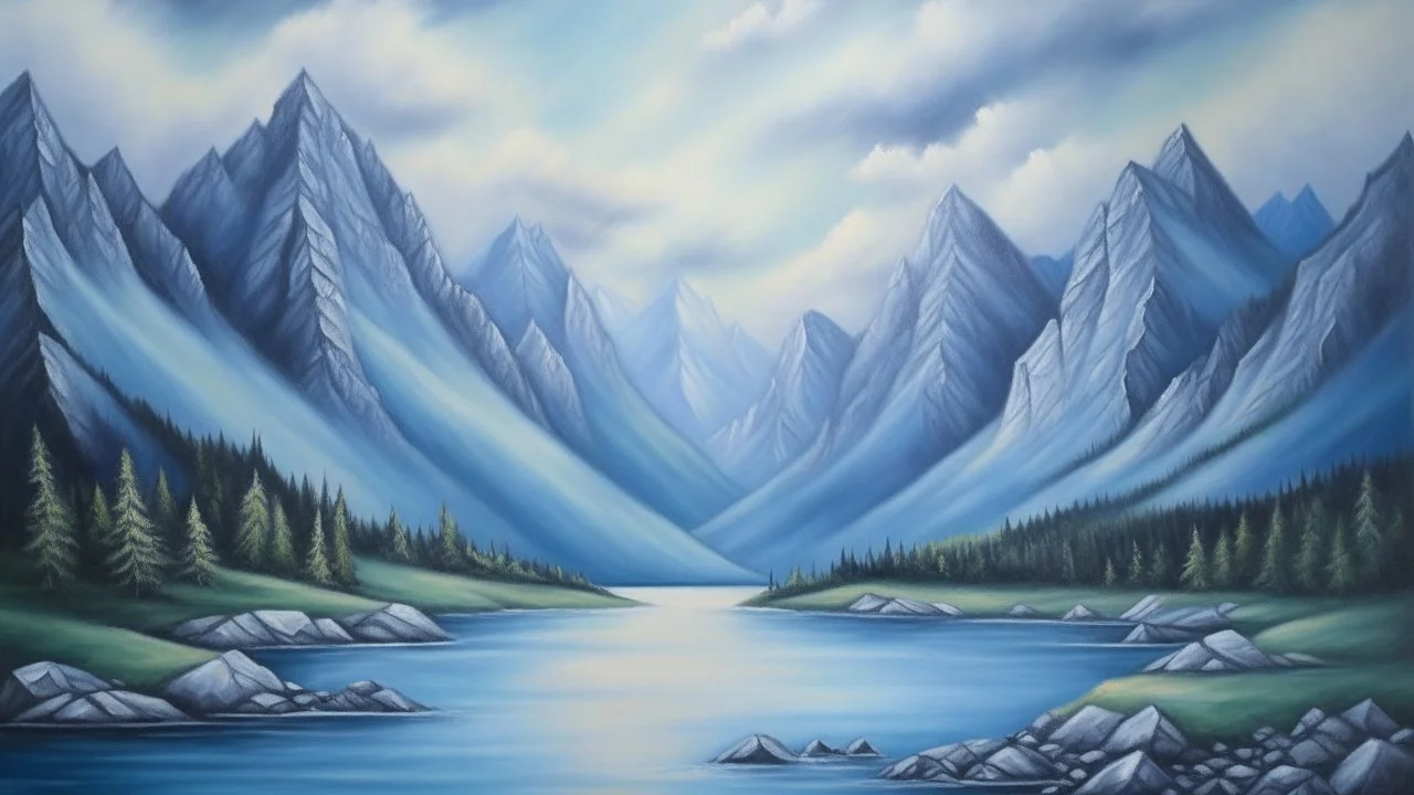 A realistic oil painting of majestic mountains with blue slopes and intricate details, capturing the essence of natural beauty., The mountains with blue slopes laugh and below in the water the fish cry and all the water is their tears