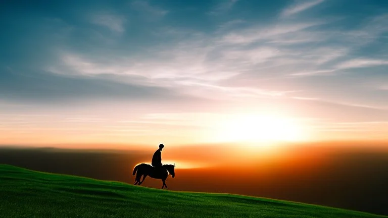 Silhouette of a lone horseback rider on the green hill at sunrise