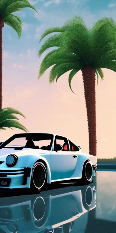 1980's aesthetic vaporwave palm trees and spheres and Porsche with lightning