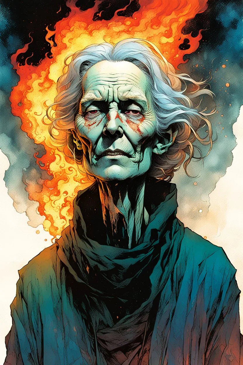 create an imaginative print illustration of an aged and emaciated female, blind Nordic seeress, dressed in rags, with finely detailed facial features, wreathed in a maelstrom of fire, in the comic book art style of Bill Sienkiewicz, Mike Mignola, and Jean Giraud Moebius, finely textured, drawn, colored, and inked