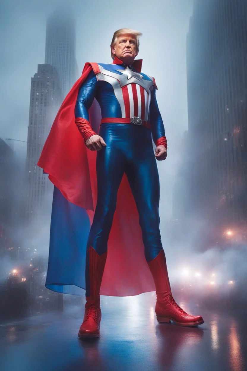 Donald Trump as 'Maga Man,' Extremely Muscular, Skintight, formfitting, red, white-and-blue bodysuit, blue cape, silver boots, Multicolored vortex, neon lit futuristic cityscape, mist, fog, speed, extremely overexaggerated musculature, "MAGA MAN"