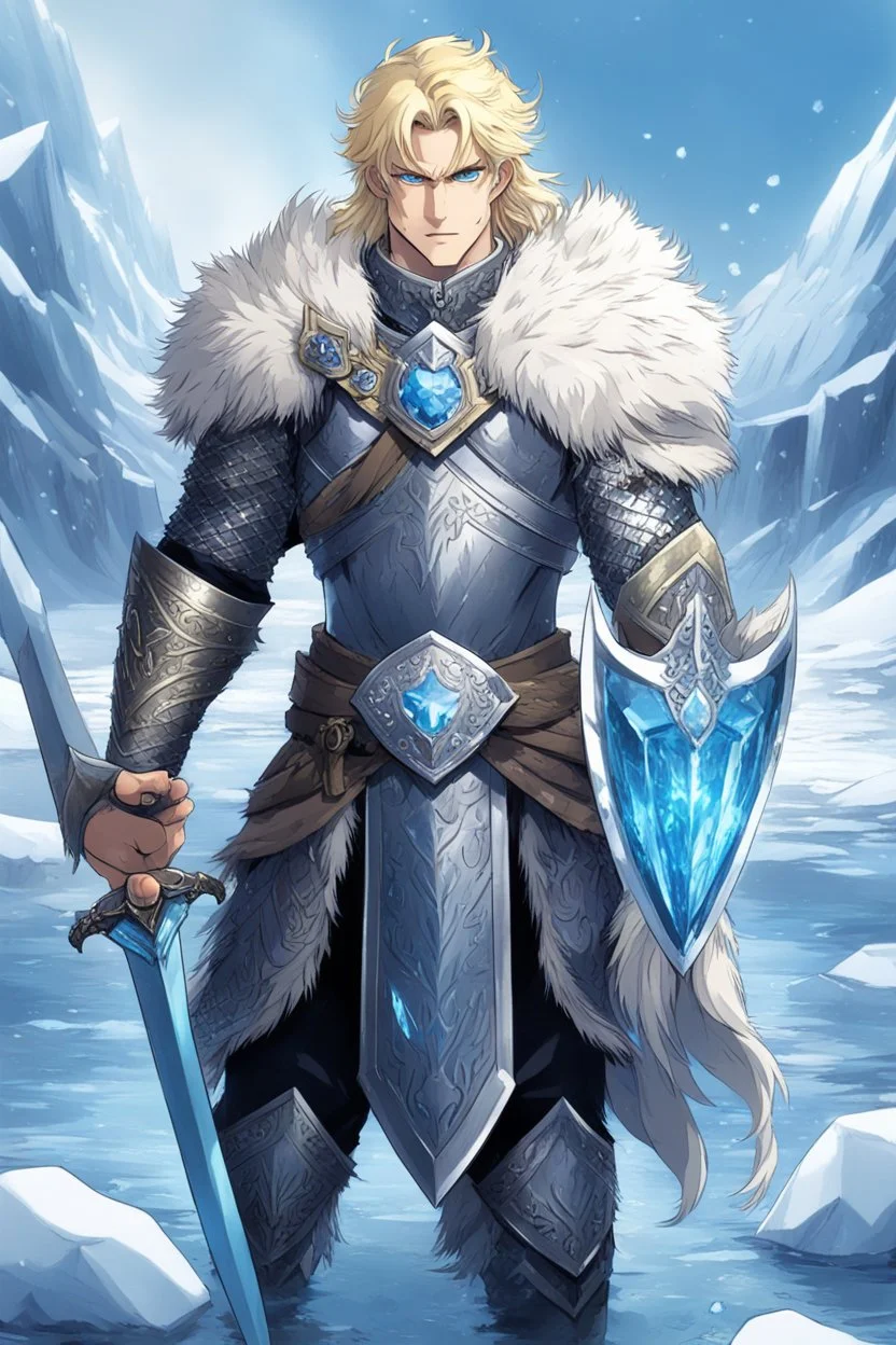 1 anime man. warrior, with blue eyes and blonde hair man in silver Viking armor with fur around the neck with blue crystal on his chest, standing in water in the artic, holding a ice sword and shield, warrior in, anime style