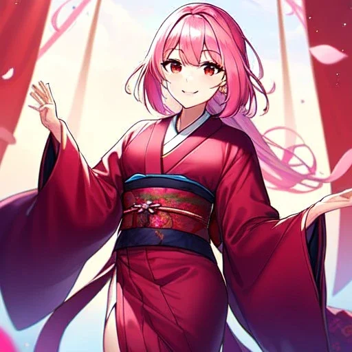 Girl, pink hair, red eyes, smiling, kimono,