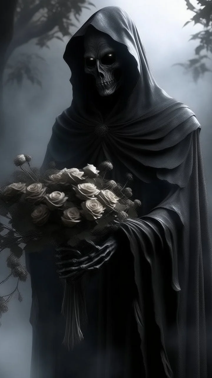 In a mesmerizing and ethereal manner, an otherworldly being emerges in the form of a translucent grey hood statue flowing smoky black robes. He is holding a bouquet of black roses, Forward facing a big tree in the background