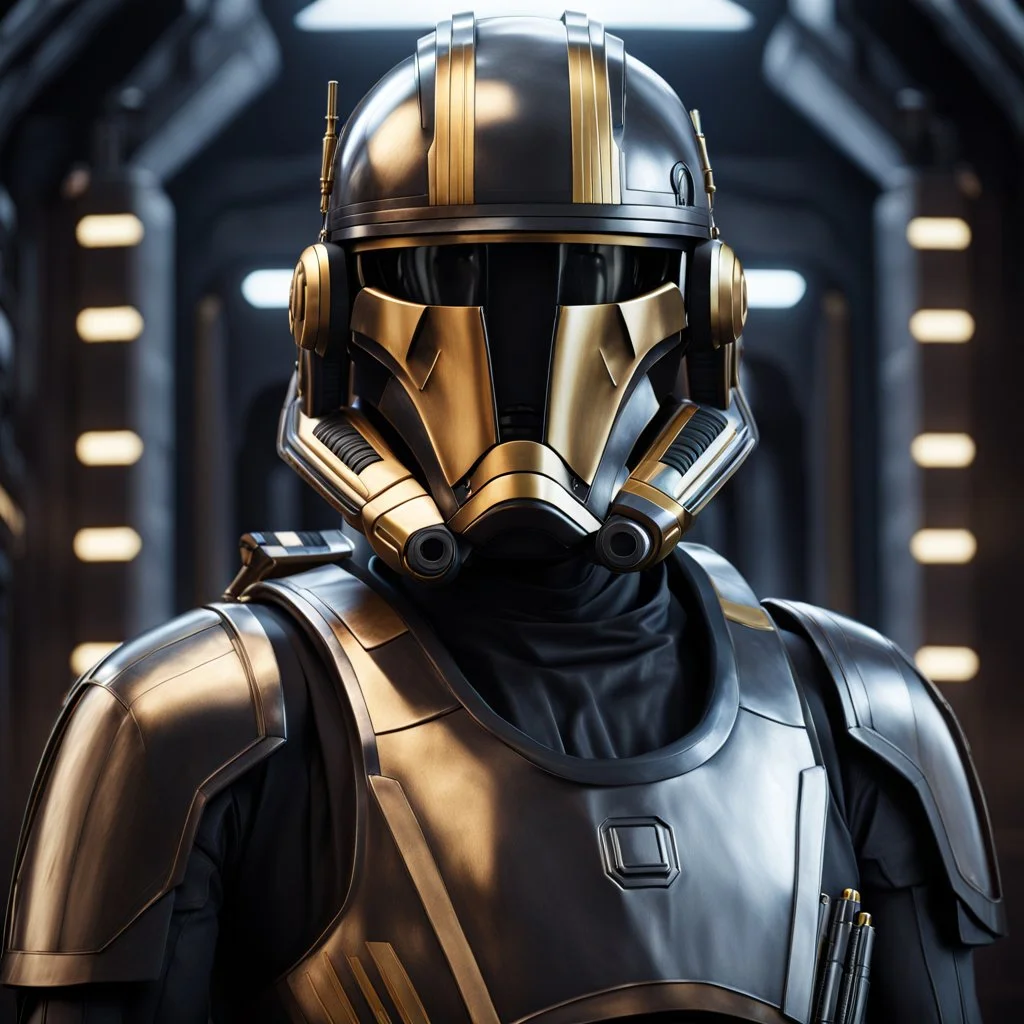 star wars bald male corellian pilot wearing pearlescent black and gunmetal grey First Order special forces heavy assault armor and helmet with gold trim inside the jedi temple, centered portrait, hyperdetailed, dynamic lighting, hyperdetailed background, 8k resolution, volumetric lighting, light skin, fully symmetric details