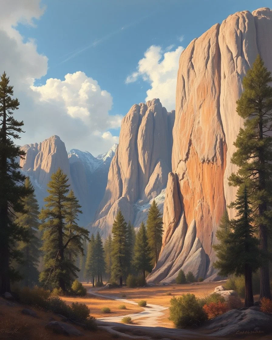Prompt: Style: A monumental nineteenth-century American Romantic landscape painting inspired by the grand panoramic tradition of the Hudson River School. Luminous realism, masterful atmospheric perspective, refined glazing techniques, dramatic natural light, meticulous botanical detail, majestic wilderness, subtle oil textures, museum-quality fine art, celebrating the sublime beauty of untouched nature. Subject: The colossal giant sequoias of Sequoia National Park dominate the landscape, their