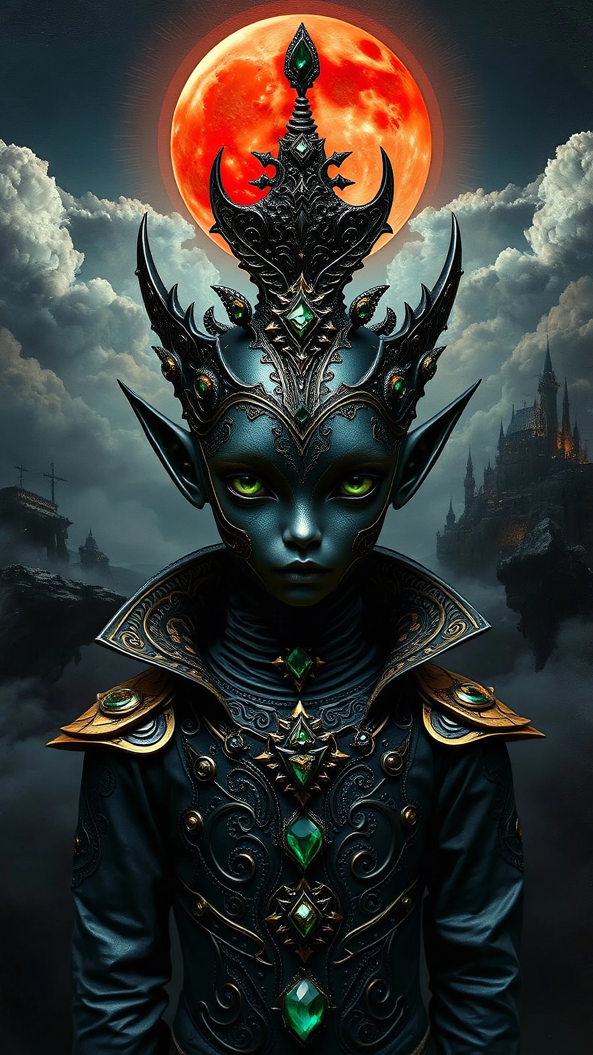 An extraordinary mixed media portrait featuring a gothic, anthropomorphic figure with a striking metallic appearance. Theenigmatic character dons a dark outfit adorned with intricate patterns and golden accents, capturing the viewer's attention. Their captivating emerald eyes and towering, gem-encrusted crown-like structure exude an otherworldly aura. The background showcases a fiery red moon, a distant city or palace silhouette, floating islands, and dramatic clouds, adding depth to the scene.