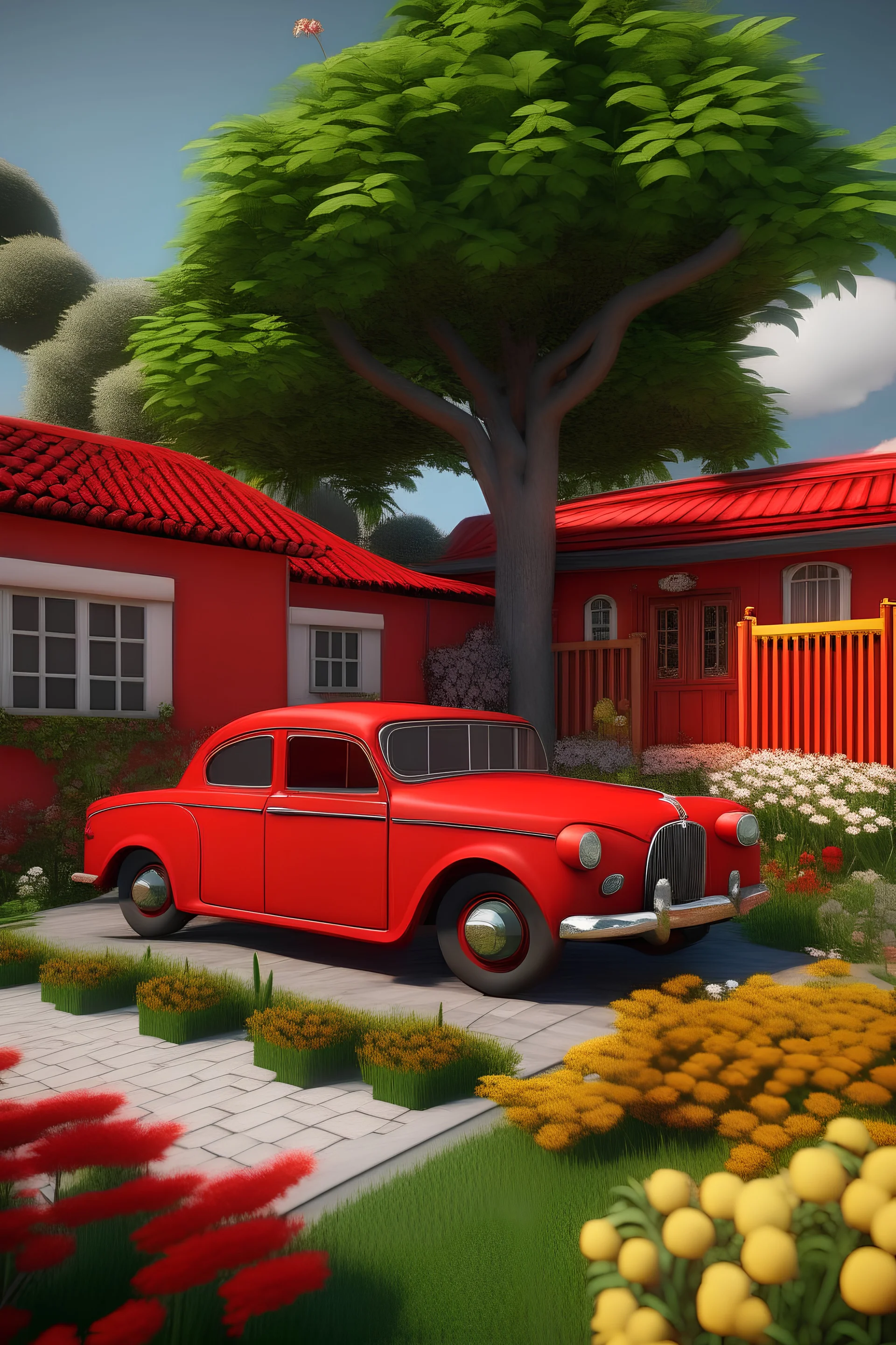 a simple moderen house;im front of small garden,many flowres,wood fance,beside,a manggo tree,in front of the modern red car