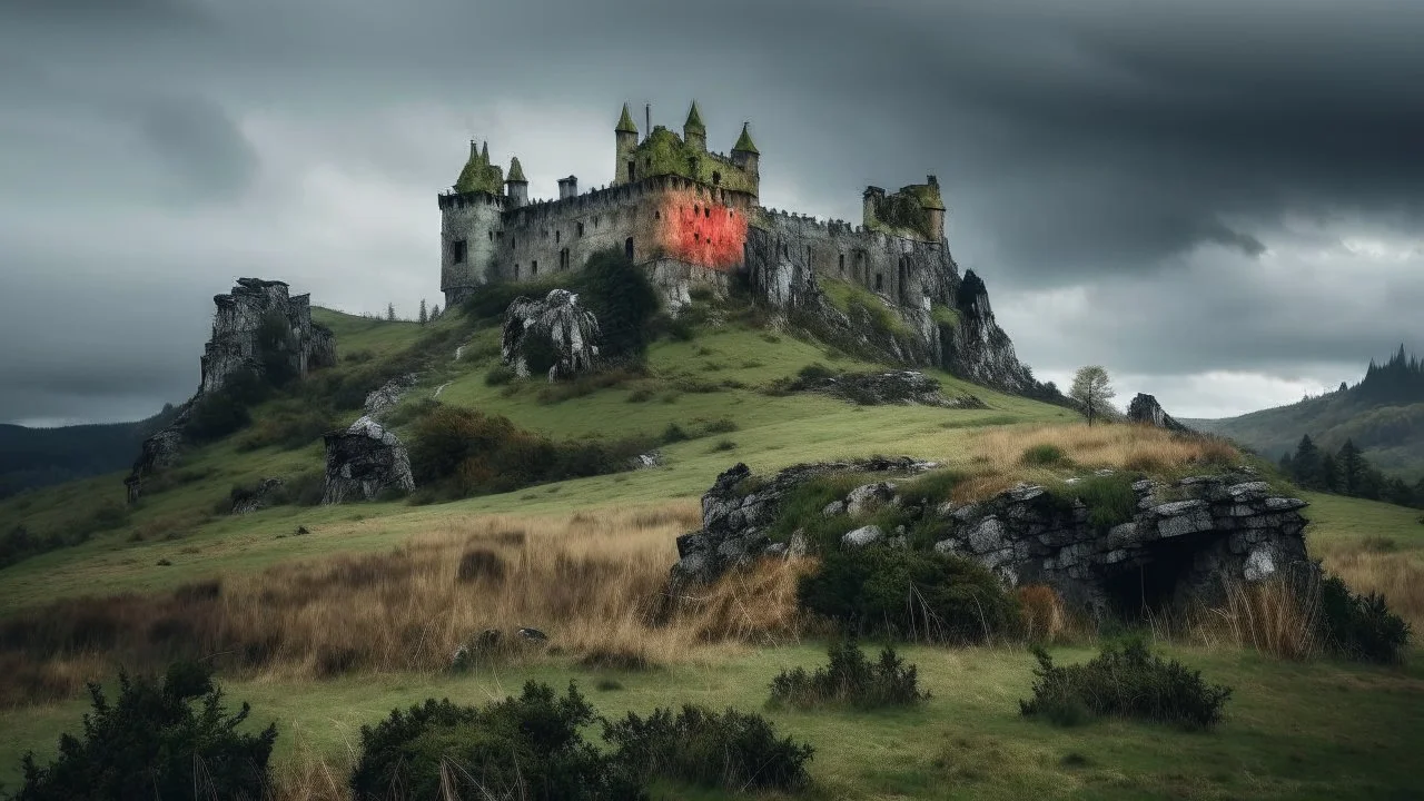 gloomy castle in the rocky fields