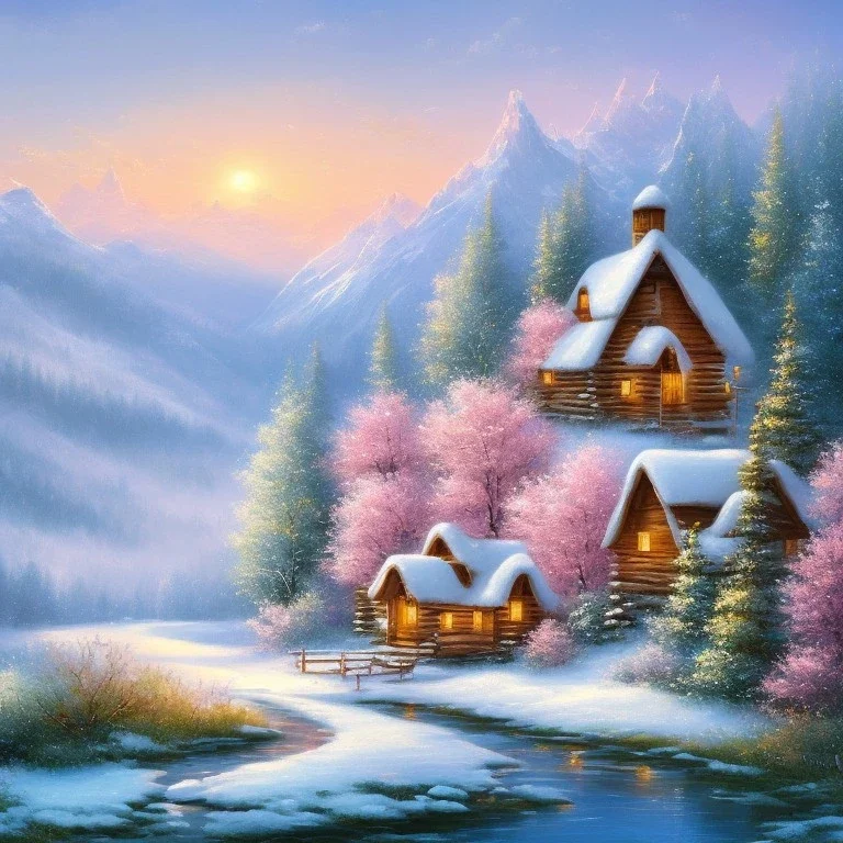 landscape mountain small cabin snow, oil painting, pink, blue, white colors, bob ross style, detailed