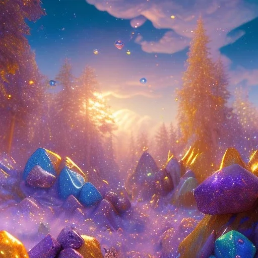 blue gold and violet landscape with multicolored crystals falling from the sky, full of details, smooth, bright sunshine，soft light atmosphere, light effect，vaporwave colorful, concept art, smooth, extremely sharp detail, finely tuned detail, ultra high definition, 8 k, unreal engine 5, ultra sharp focus