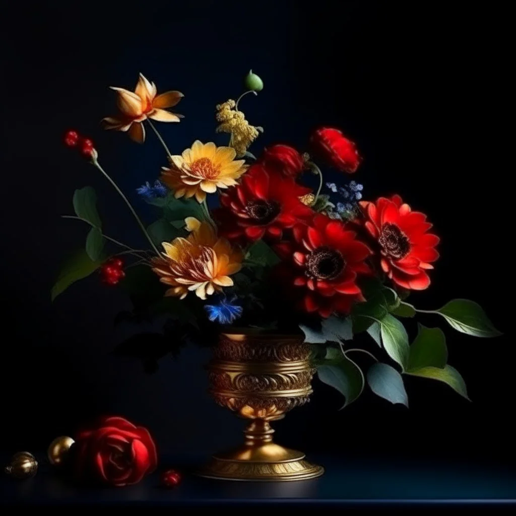 Flowers in midnight blue flowers, red flowers and green leaves in a gold vase. Light background